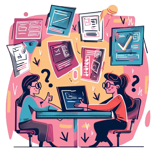 An illustration of an interviewer and a candidate asking a lot of questions.