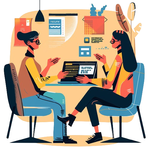 An illustration of two tech people talking to each other in an introductory setting.