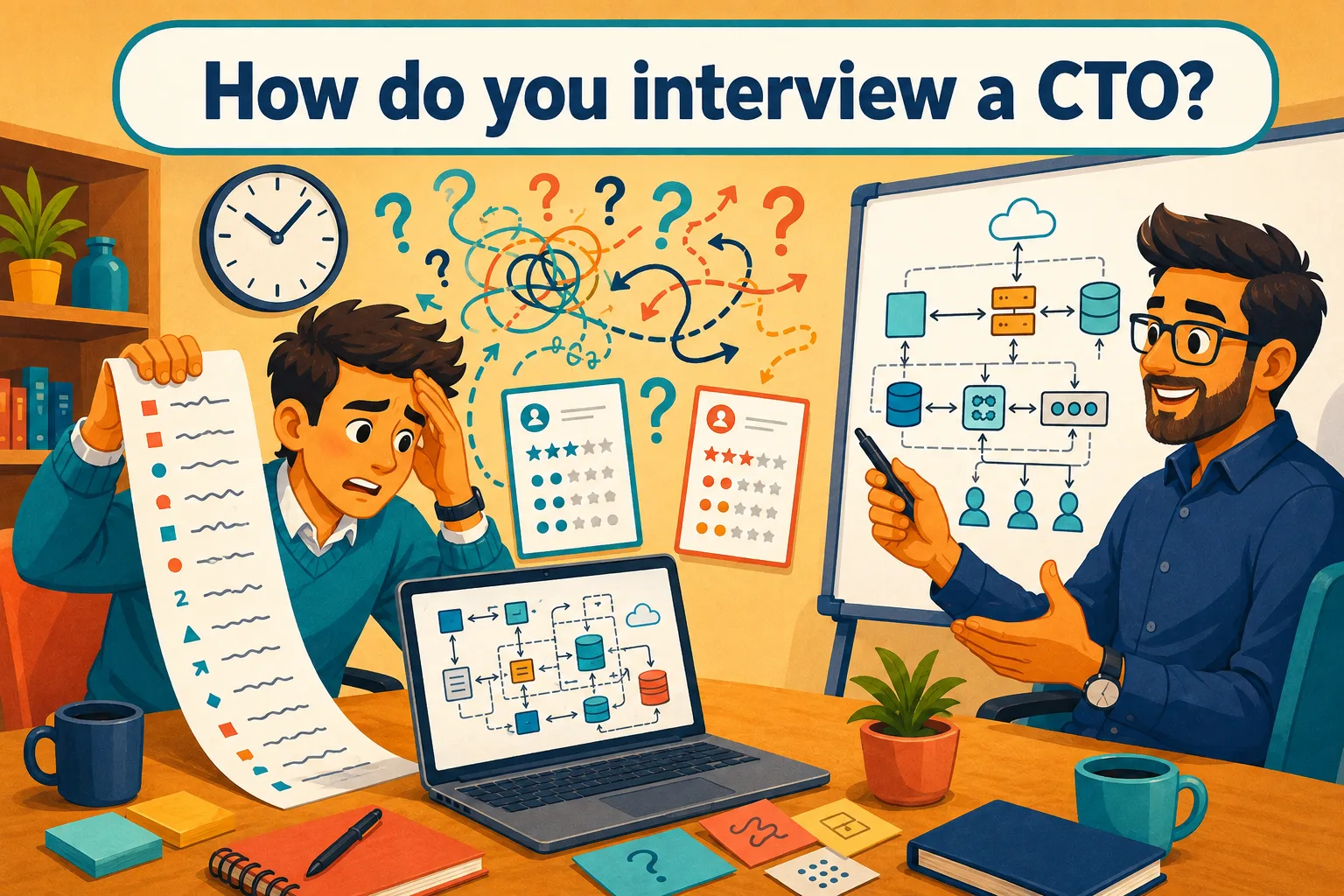 Illustration of a stressed hiring manager preparing CTO interview questions on system design, leadership, and trade-offs while a colleague explains an architecture diagram