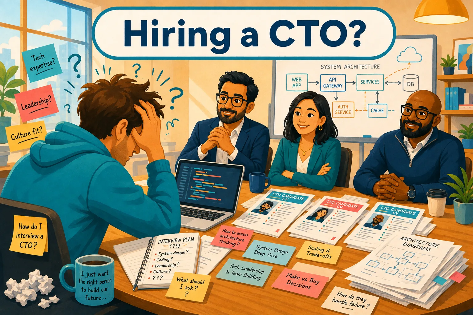 Illustration of a hiring manager overwhelmed by CTO interview questions on tech expertise, leadership, and culture fit, next to a colleague explaining a system architecture diagram