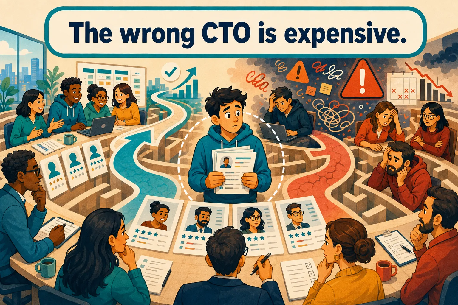 Illustration of a hiring team weighing a good candidate path against a chaotic, costly wrong CTO hire